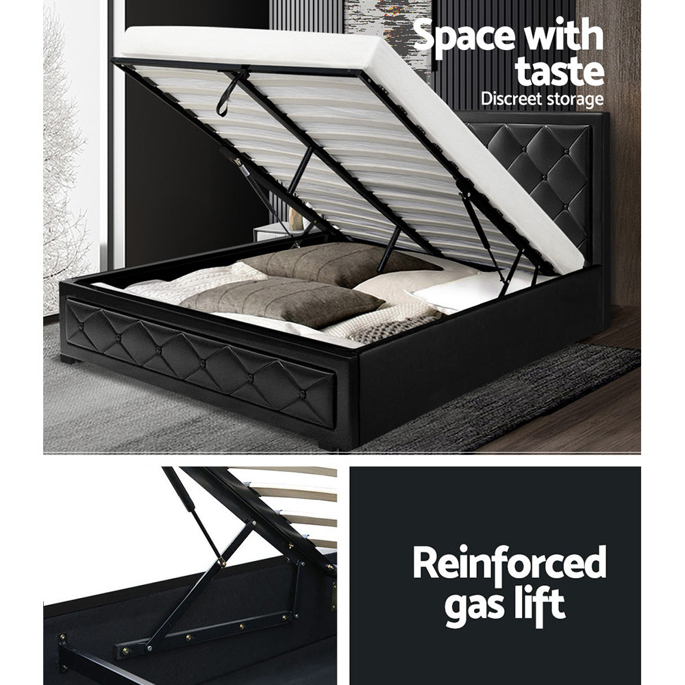 Bronte Storage Double Bed Frame Black with gas lift storage, tufted PVC leather headboard, and spacious under-bed compartment