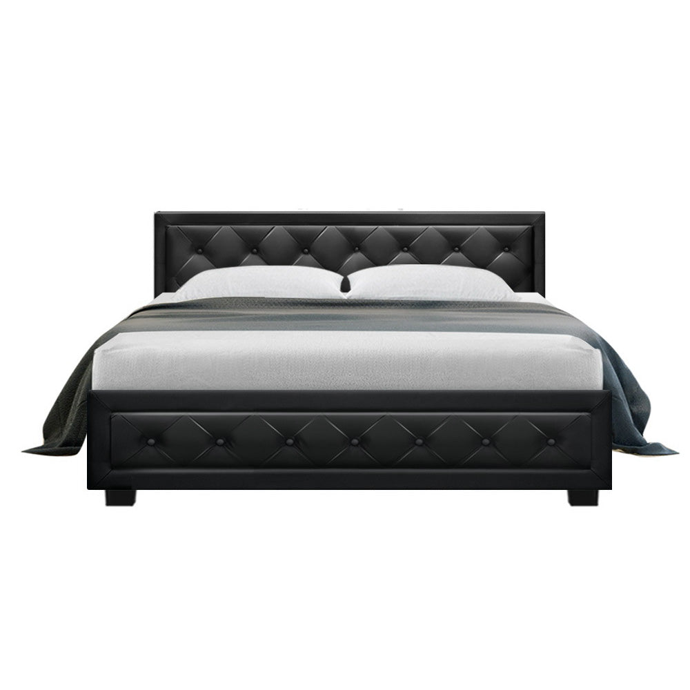 Bronte Storage Queen Bed Frame Black with tufted PVC leather headboard and footboard, contemporary bedroom furniture design