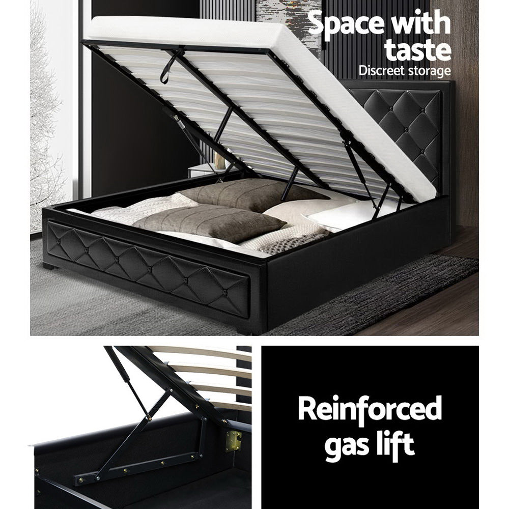 Bronte Storage Queen Bed Frame Black with tufted PVC leather, reinforced gas lift storage, and wooden slats, shown open with bedding.
