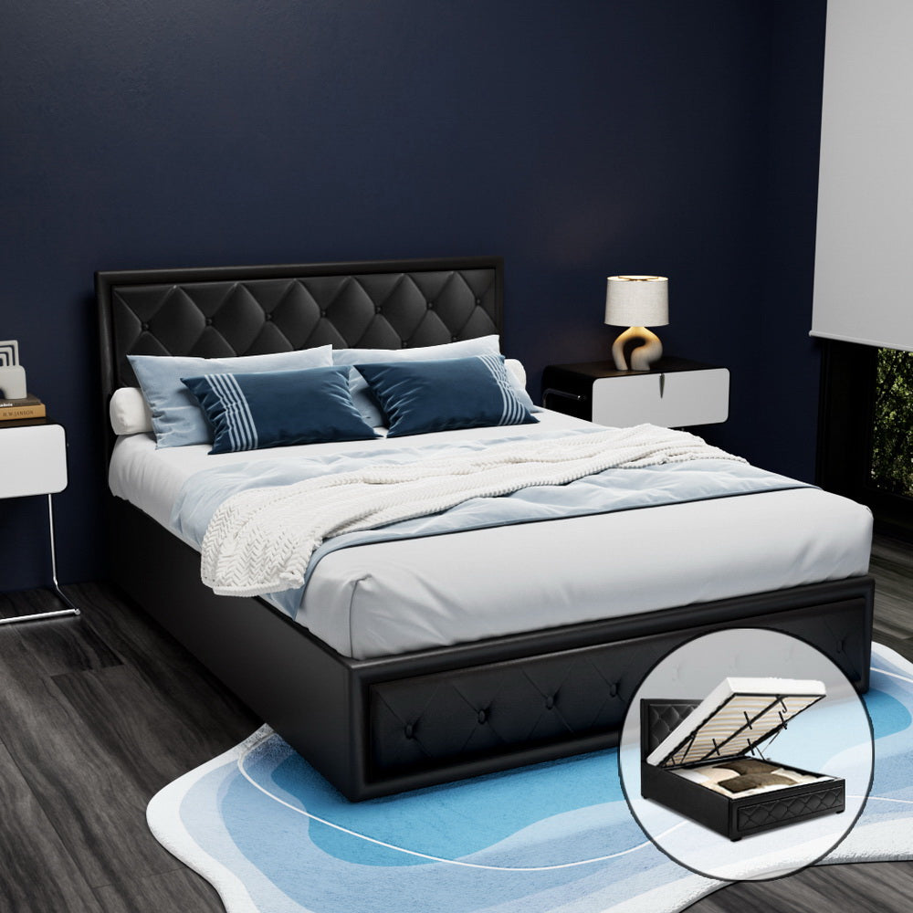 Bronte Storage Queen Bed Frame Black with tufted headboard and gas lift storage, styled in modern bedroom setting