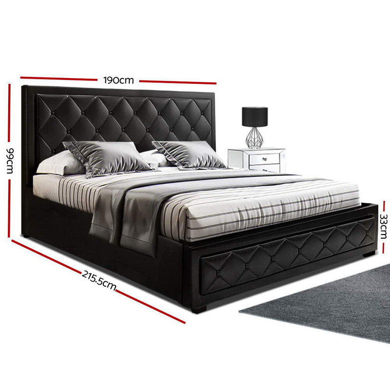 Bronte Storage King Bed Frame Black with tufted PVC leather headboard, black finish, and gas lift storage, shown with bedding and pillows