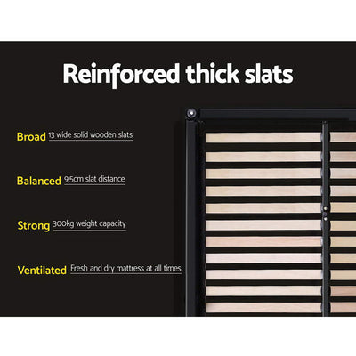 Bronte Storage King Bed Frame Black showing reinforced thick wooden slats with strong 300kg capacity and balanced ventilation spacing