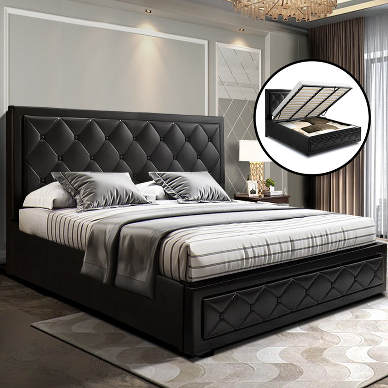 Bronte Storage King Bed Frame Black with tufted PVC leather, gas lift storage, and modern bedroom furniture by Bedzy.
