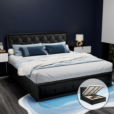 Bronte Storage King Bed Frame Black with tufted PVC leather upholstery and gas lift storage in modern bedroom setting