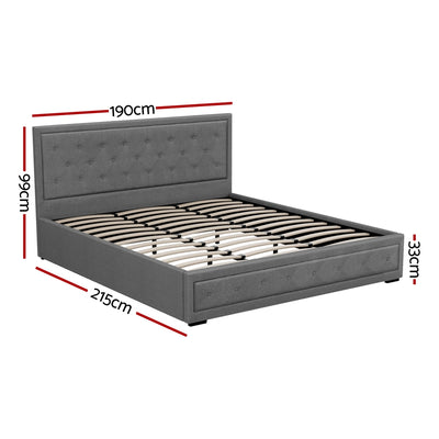 Bronte Storage King Bed Frame Grey with tufted headboard, gas lift storage, and wooden slats in premium grey fabric.