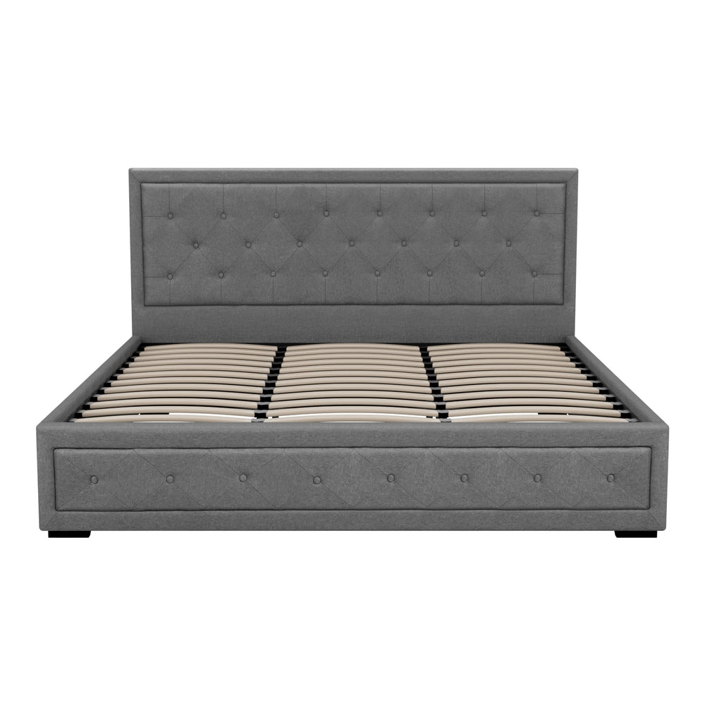 Bronte Storage King Bed Frame Grey with tufted headboard, gas lift storage system, and wooden slats, modern bedroom furniture
