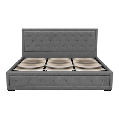 Bronte Storage King Bed Frame Grey with tufted headboard, gas lift storage system, and wooden slats, modern bedroom furniture