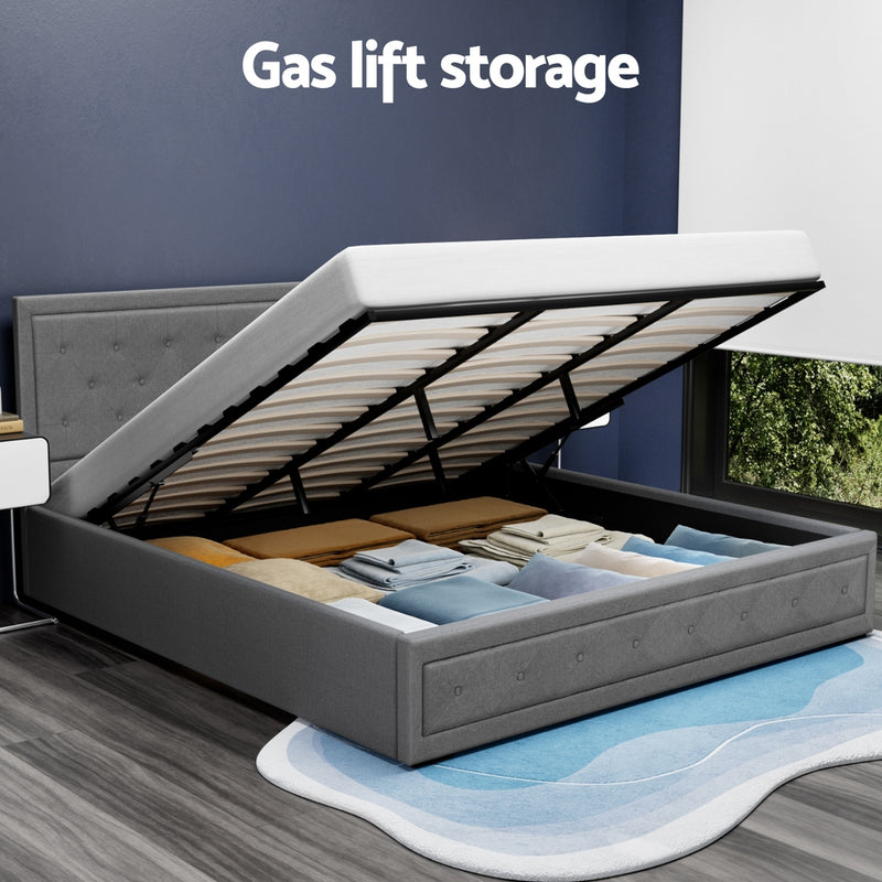 Bronte Storage King Bed Frame Grey with gas lift mechanism revealing spacious under-bed storage in bedroom setting
