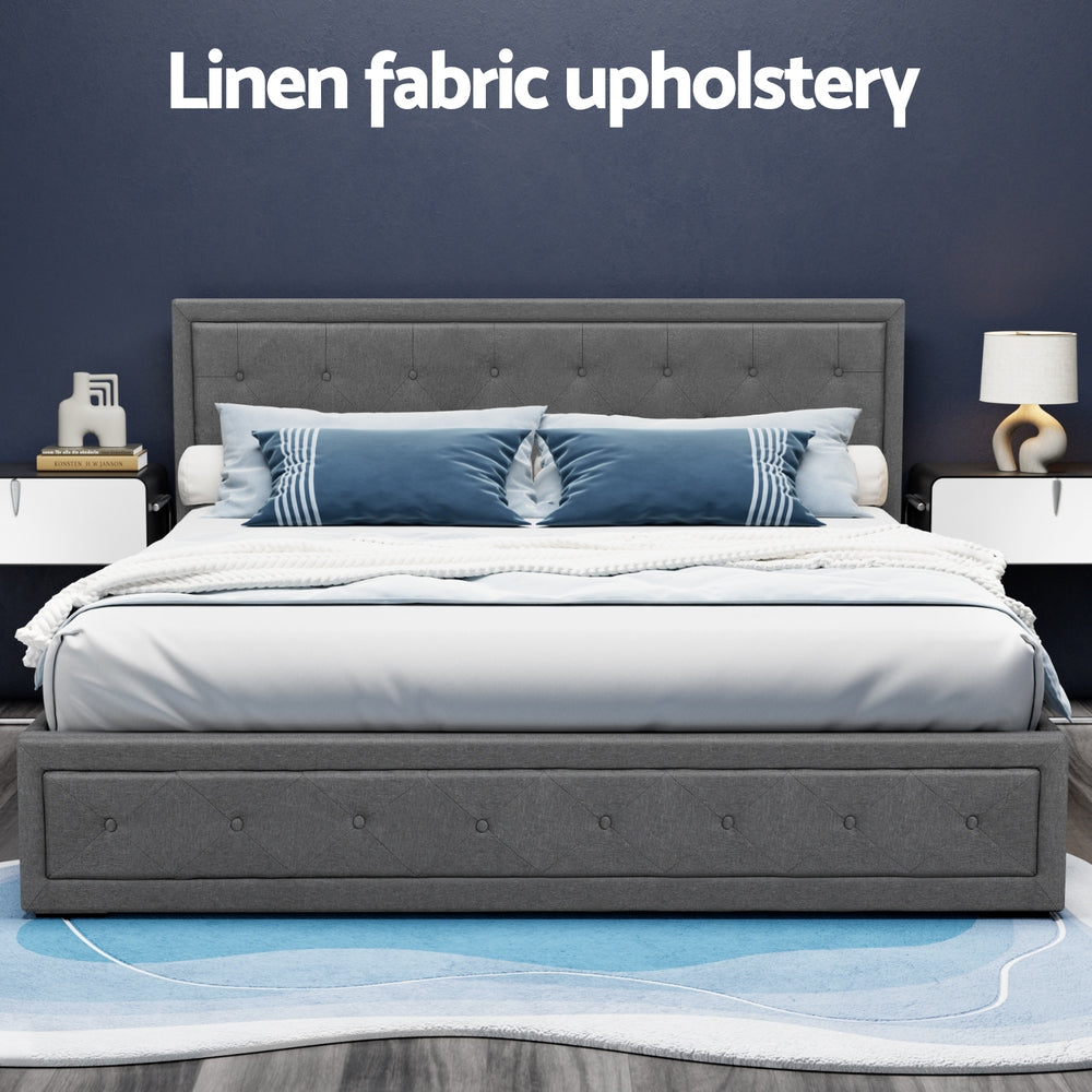 Bronte Storage King Bed Frame Grey with linen fabric upholstery, tufted headboard, and matching side tables in bedroom setting