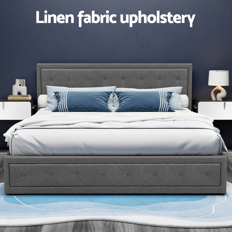 Bronte Storage King Bed Frame Grey with linen fabric upholstery, tufted headboard, and matching side tables in bedroom setting