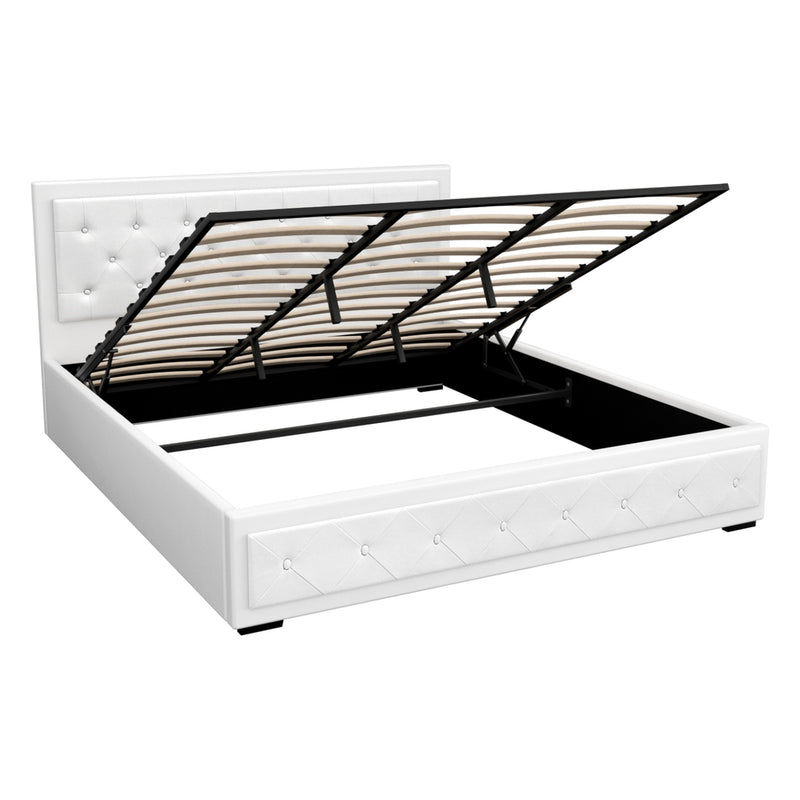Bronte Storage King Bed Frame White with tufted PVC leather headboard and gas lift storage mechanism in white bedroom furniture style