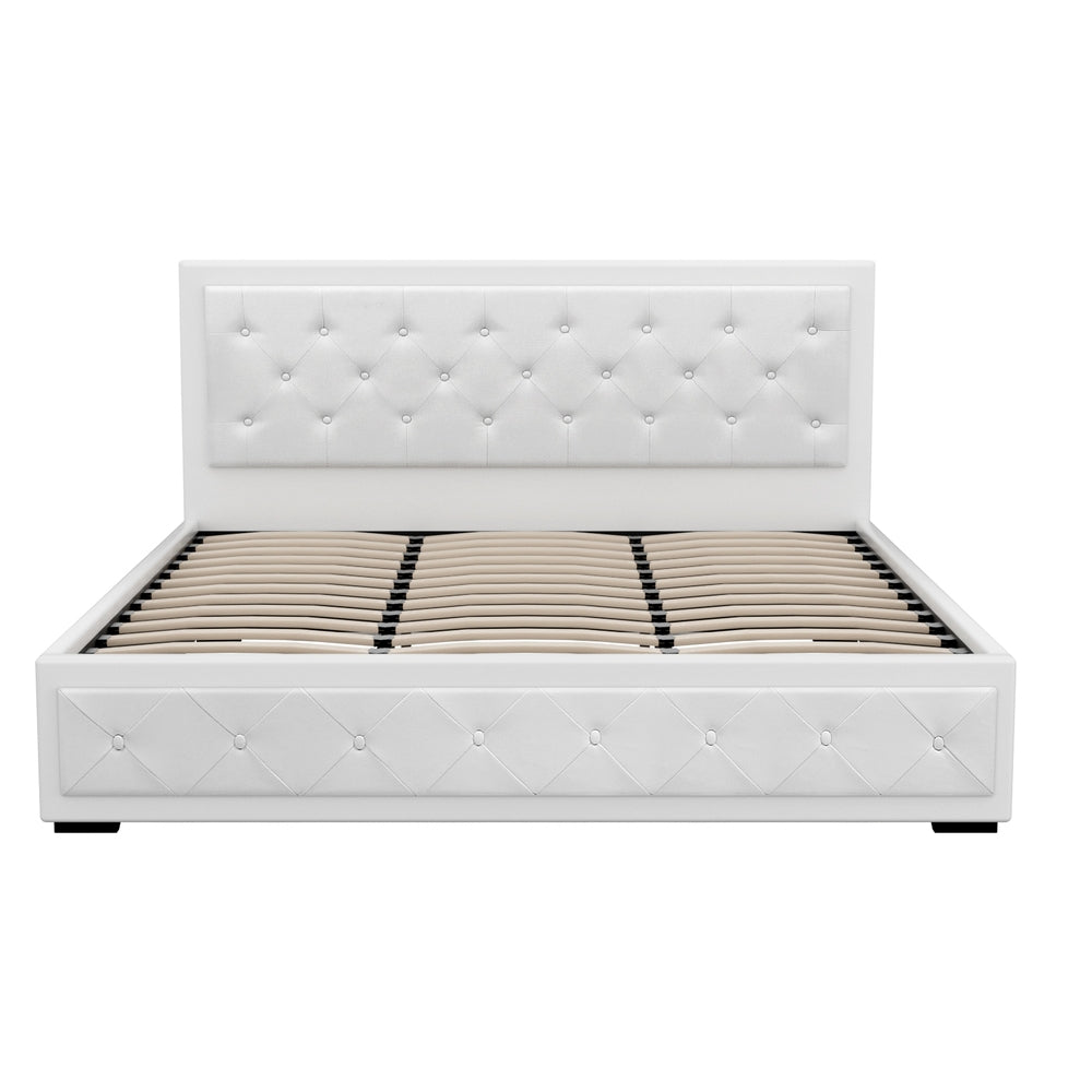 Bronte Storage King Bed Frame White in tufted white PVC leather with gas lift storage and wooden slats, bedroom furniture by Bedzy
