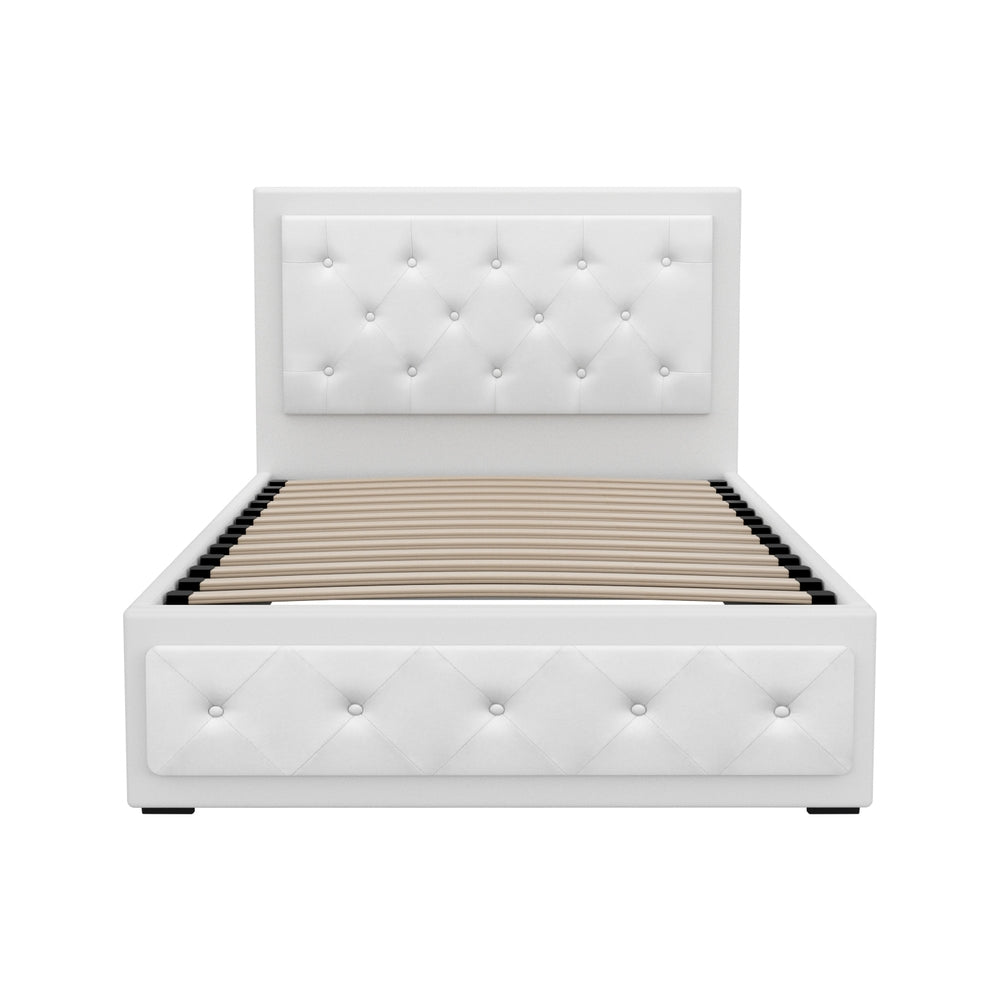 Bronte Storage King Single Bed Frame White with tufted headboard, base, and wooden slats, modern bedroom furniture by Bedzy