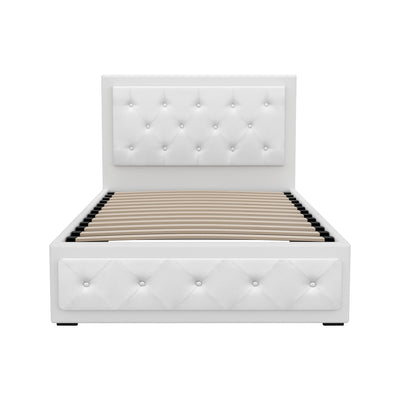 Bronte Storage King Single Bed Frame White with tufted headboard, base, and wooden slats, modern bedroom furniture by Bedzy