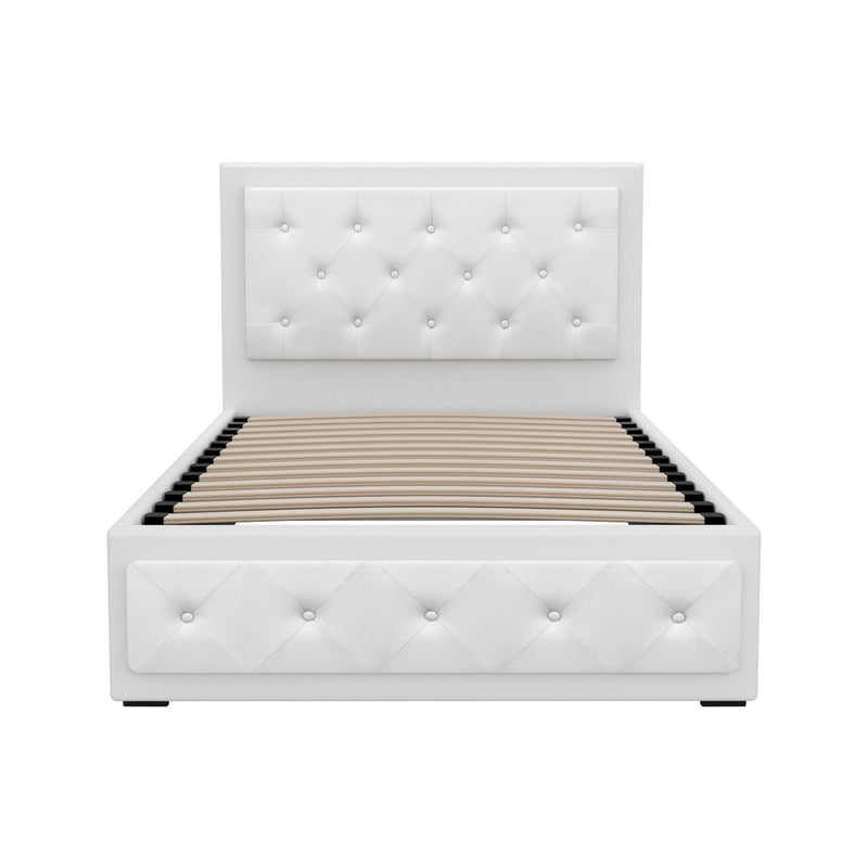 Bronte Storage King Single Bed Frame White with tufted headboard, base, and wooden slats, modern bedroom furniture by Bedzy