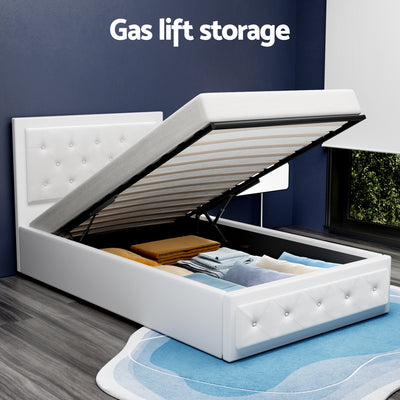 Bronte Storage King Single Bed Frame White in PVC leather with gas lift storage, tufted headboard, and bedroom furniture style