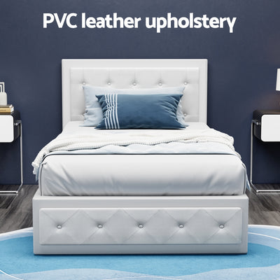 Bronte Storage King Single Bed Frame White with tufted PVC leather upholstery, storage base, and modern bedroom furniture style