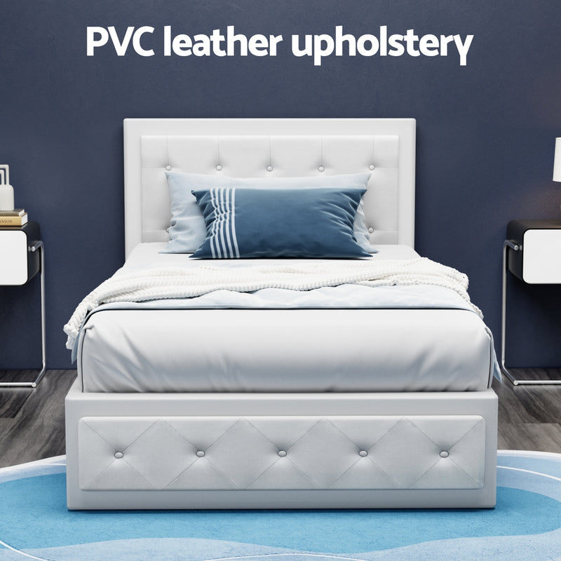Bronte Storage King Single Bed Frame White with tufted PVC leather upholstery, storage base, and modern bedroom furniture style