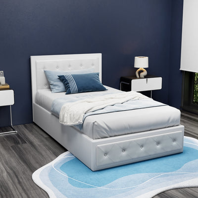 Bronte Storage King Single Bed Frame White with tufted headboard and storage base in a modern bedroom setting with blue walls