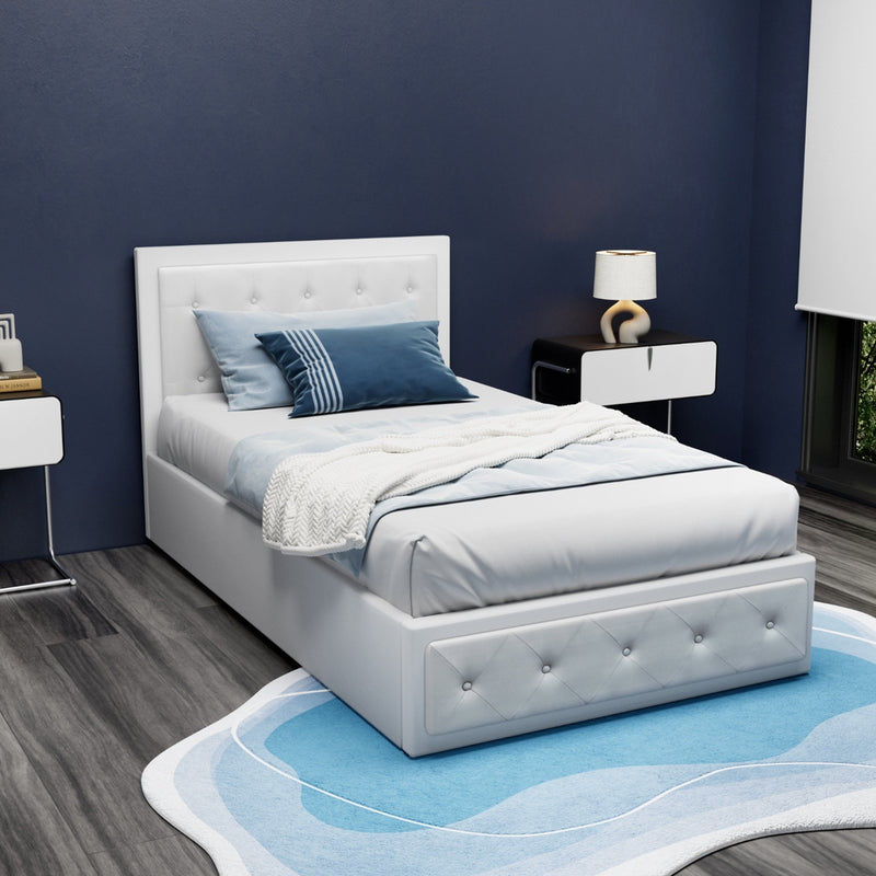 Bronte Storage King Single Bed Frame White with tufted headboard and storage base in a modern bedroom setting with blue walls