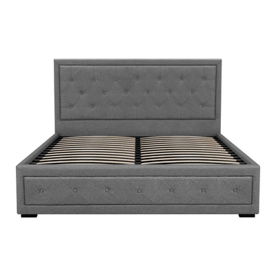Bronte Storage Queen Bed Frame Grey with tufted headboard, gas lift storage, wooden slats, and premium grey fabric upholstery