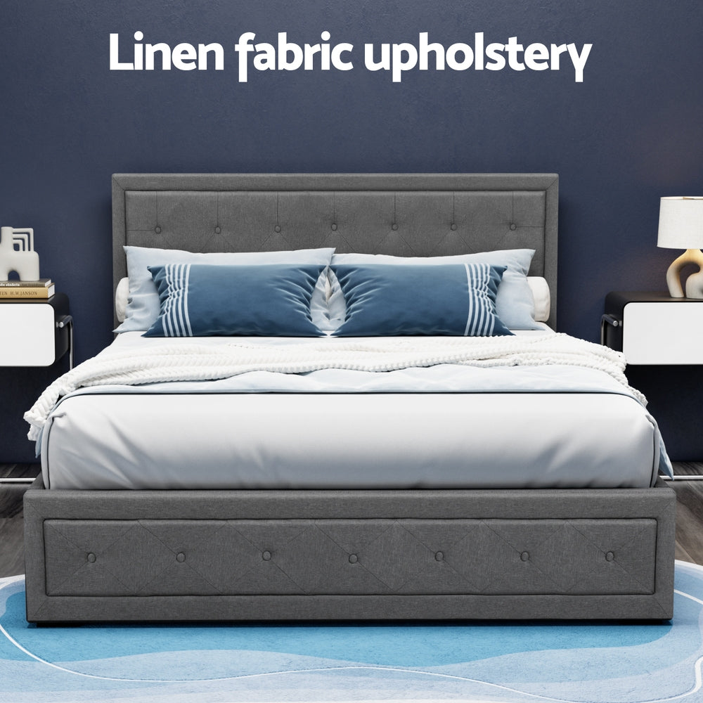 Bronte Storage Queen Bed Frame Grey with linen fabric upholstery, tufted headboard, and storage base in bedroom setting