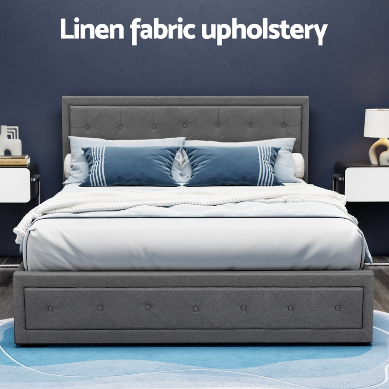 Bronte Storage Queen Bed Frame Grey with linen fabric upholstery, tufted headboard, and storage base in bedroom setting