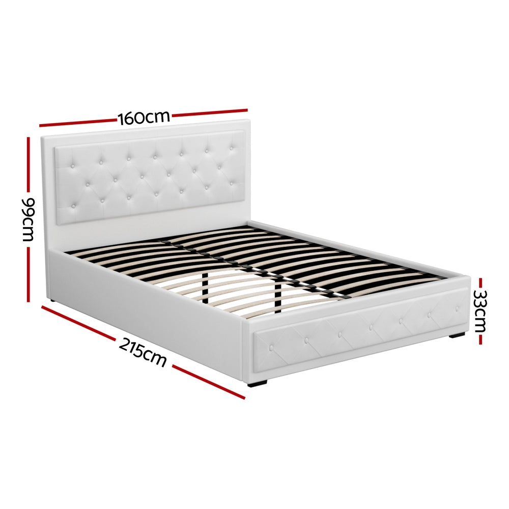 Bronte Storage Queen Bed Frame White with tufted PVC leather headboard, wooden slats, and gas lift storage system