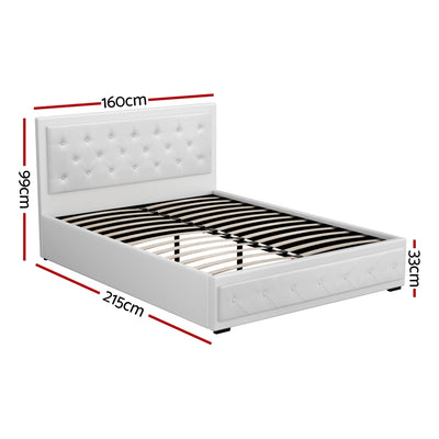 Bronte Storage Queen Bed Frame White with tufted PVC leather headboard, wooden slats, and gas lift storage system