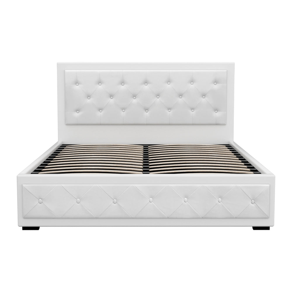 Bronte Storage Queen Bed Frame White with tufted PVC leather headboard and sides, wooden slats visible, no mattress