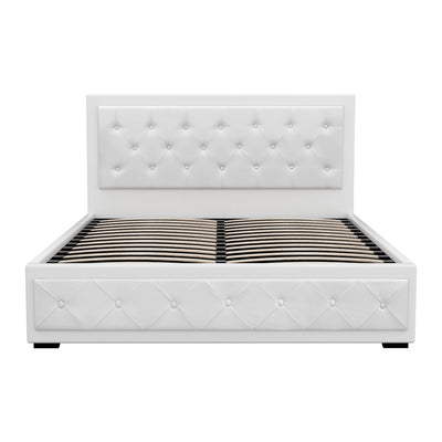 Bronte Storage Queen Bed Frame White with tufted PVC leather headboard and sides, wooden slats visible, no mattress