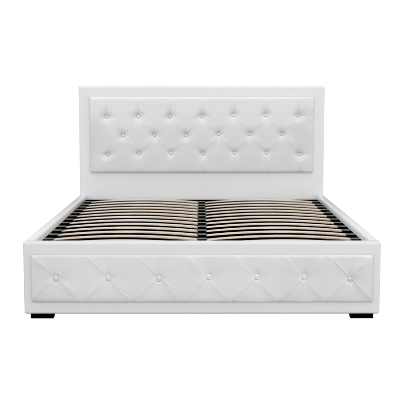 Bronte Storage Queen Bed Frame White with tufted PVC leather headboard and sides, wooden slats visible, no mattress