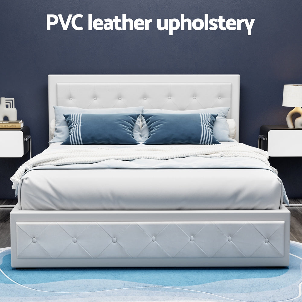 Bronte Storage Queen Bed Frame White with tufted PVC leather upholstery, plush headboard, and contemporary bedroom furniture design