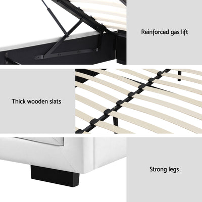 Close-up details of Bronte Storage Queen Bed Frame White showing reinforced gas lift, thick wooden slats, and strong legs.