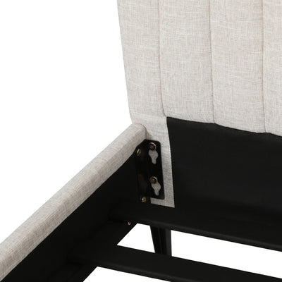 Close-up of Burleigh King Bed Frame Beige showing beige faux linen upholstery and internal metal frame support.