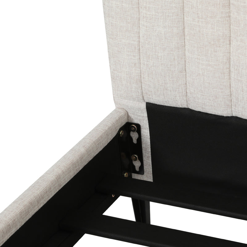 Close-up of Burleigh King Bed Frame Beige showing beige faux linen upholstery and internal metal frame support.