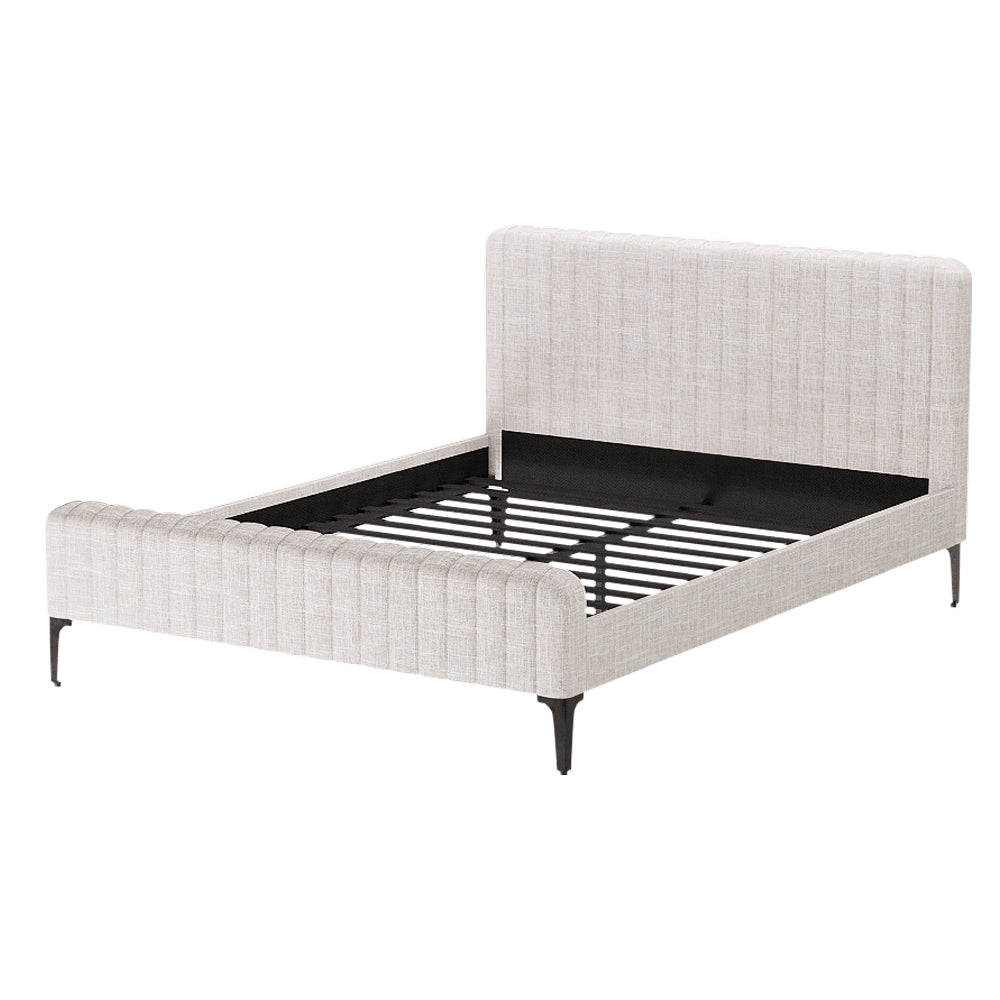 Burleigh Queen Bed Frame Beige with upholstered faux linen, vertical stitching, metal legs, and wooden slats for mattress support
