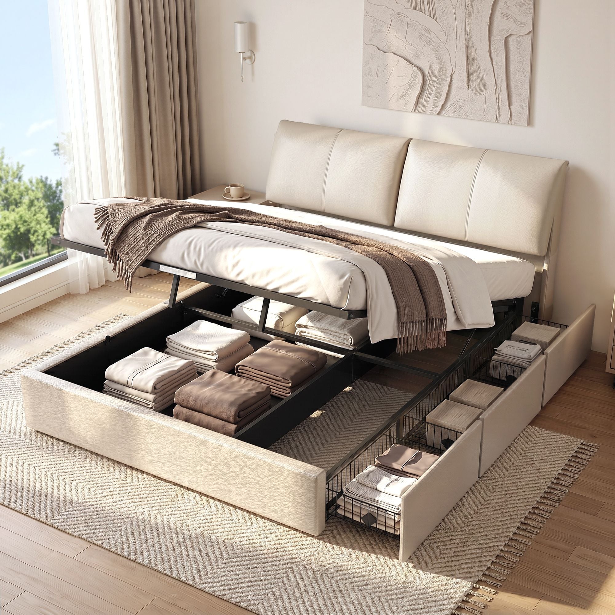 King Bed Frame Gas Lift Storage 3 Drawers Adjustable Headboard Platform Base