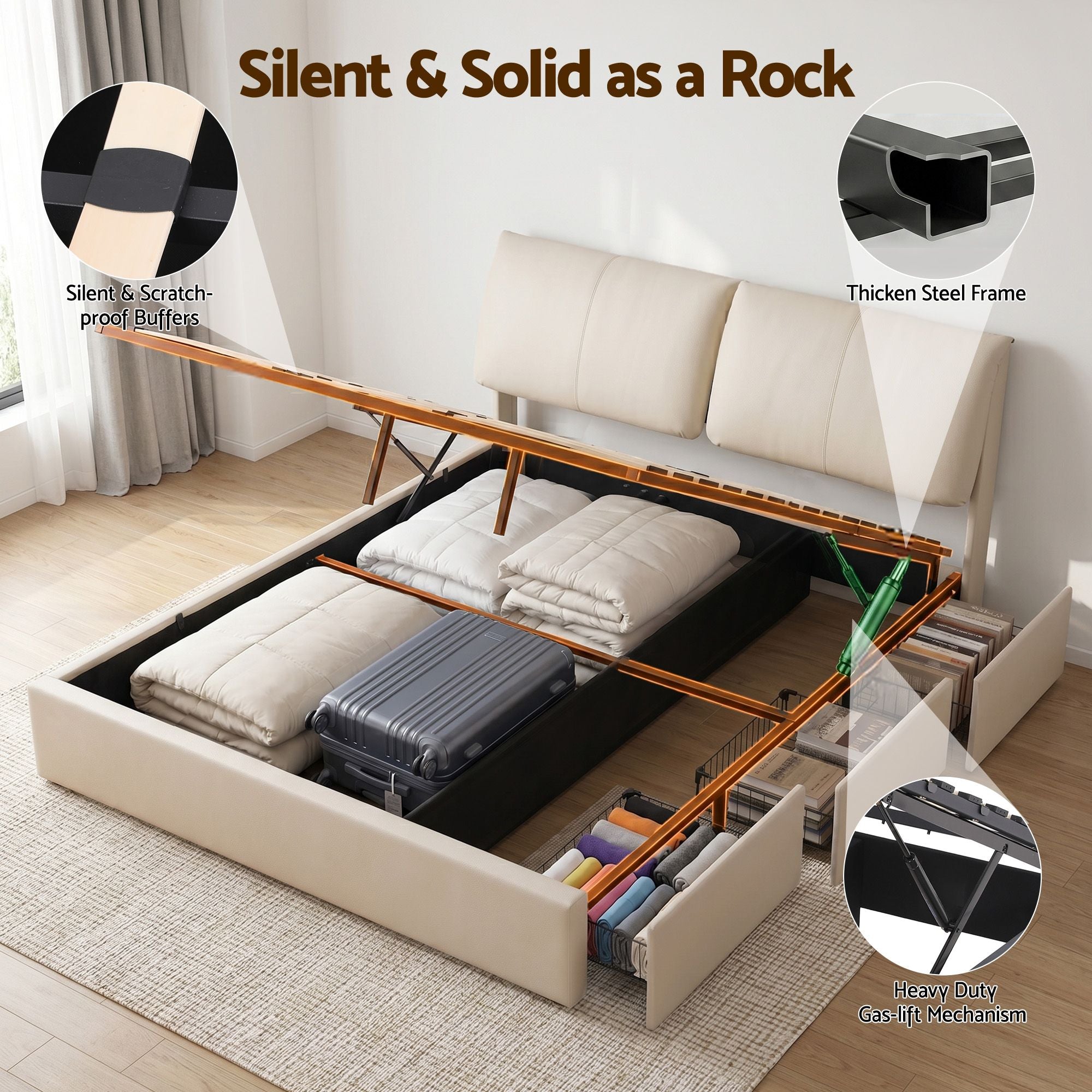 King Bed Frame Gas Lift Storage 3 Drawers Adjustable Headboard Platform Base