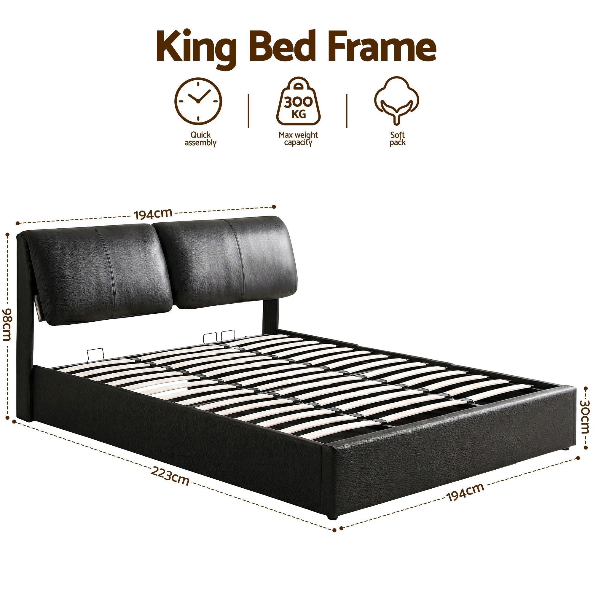 King Bed Frame Gas Lift Storage 3 Drawers Adjustable Headboard Platform Bed Black
