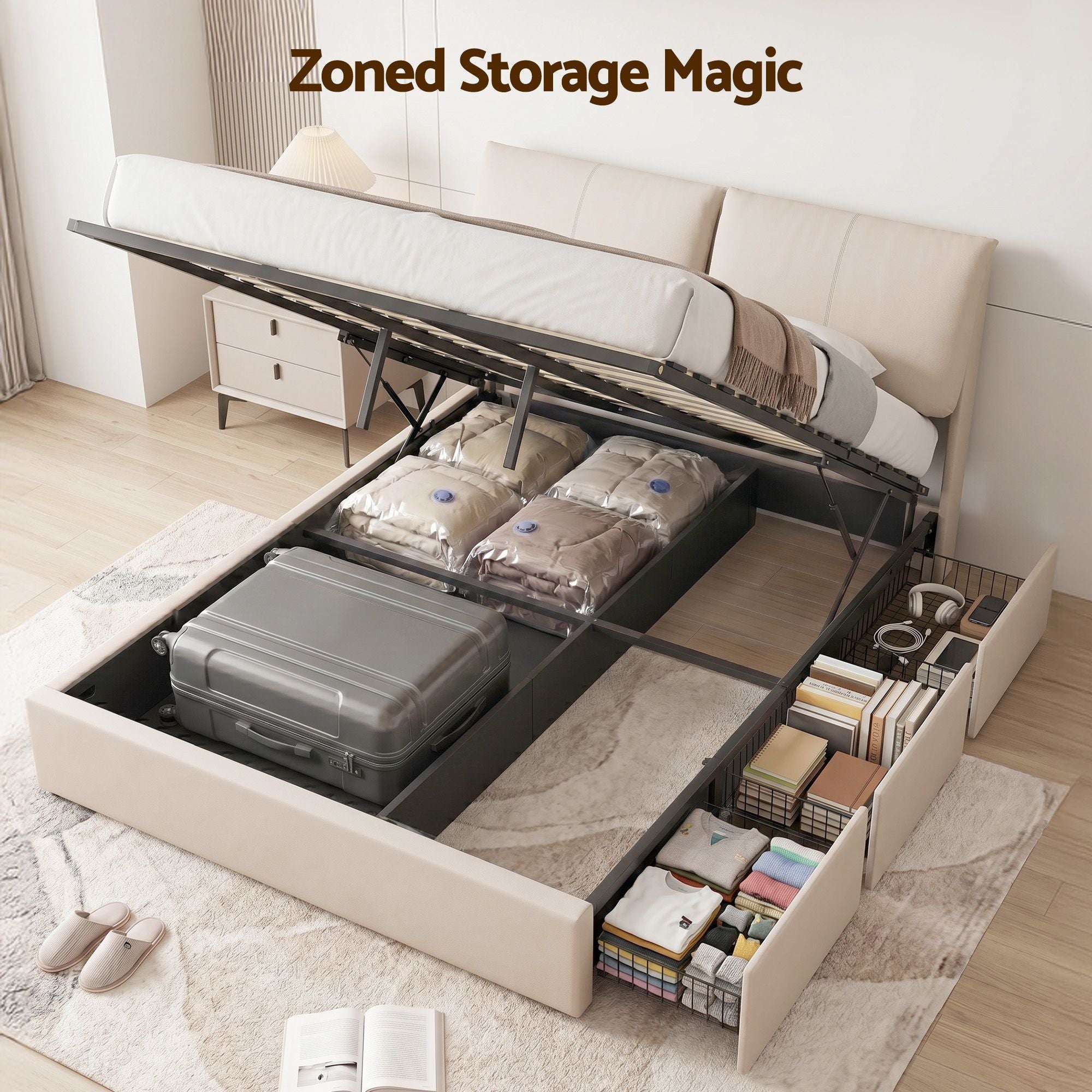 Queen Bed Frame Gas Lift Storage 3 Drawers Adjustable Headboard Platform Base