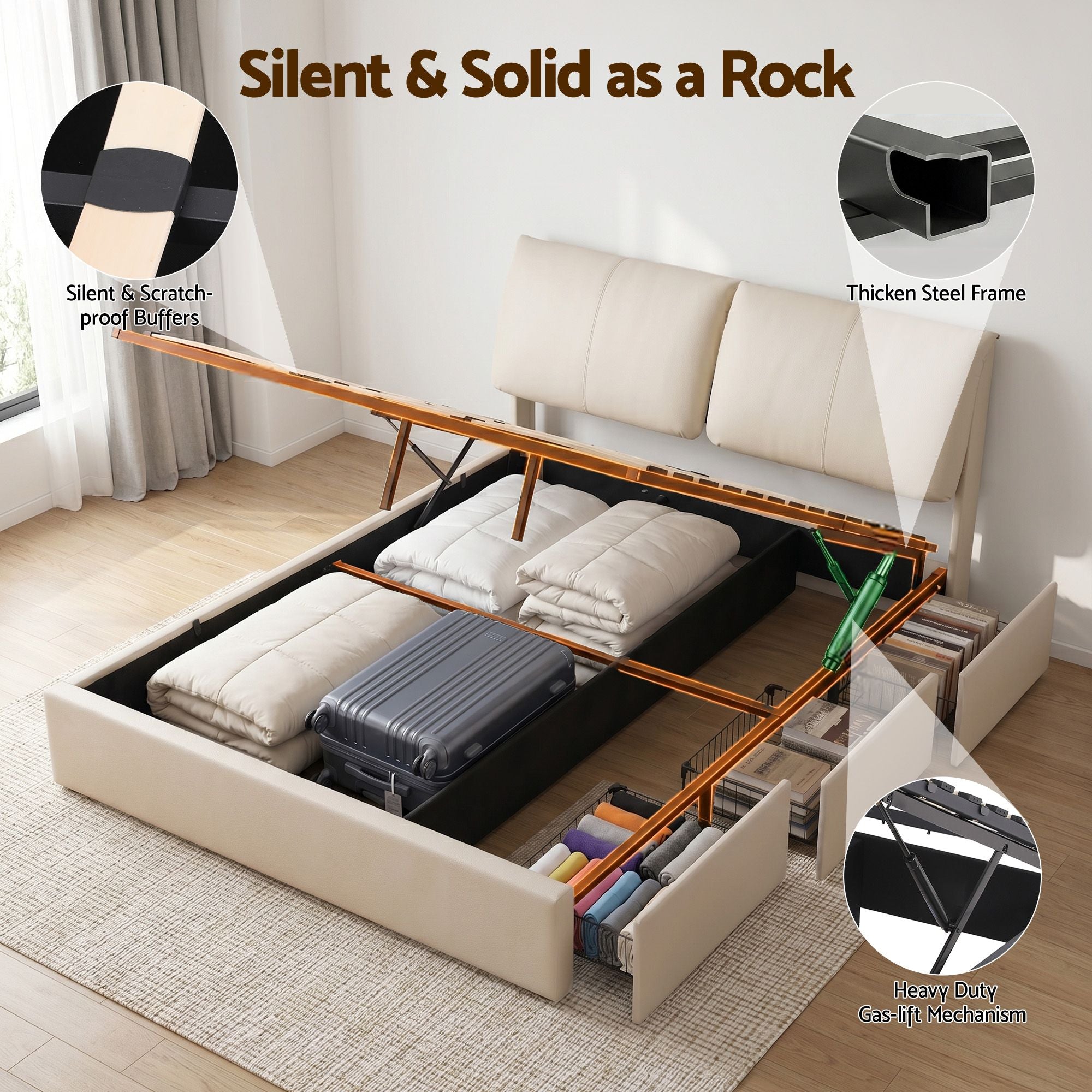Queen Bed Frame Gas Lift Storage 3 Drawers Adjustable Headboard Platform Base