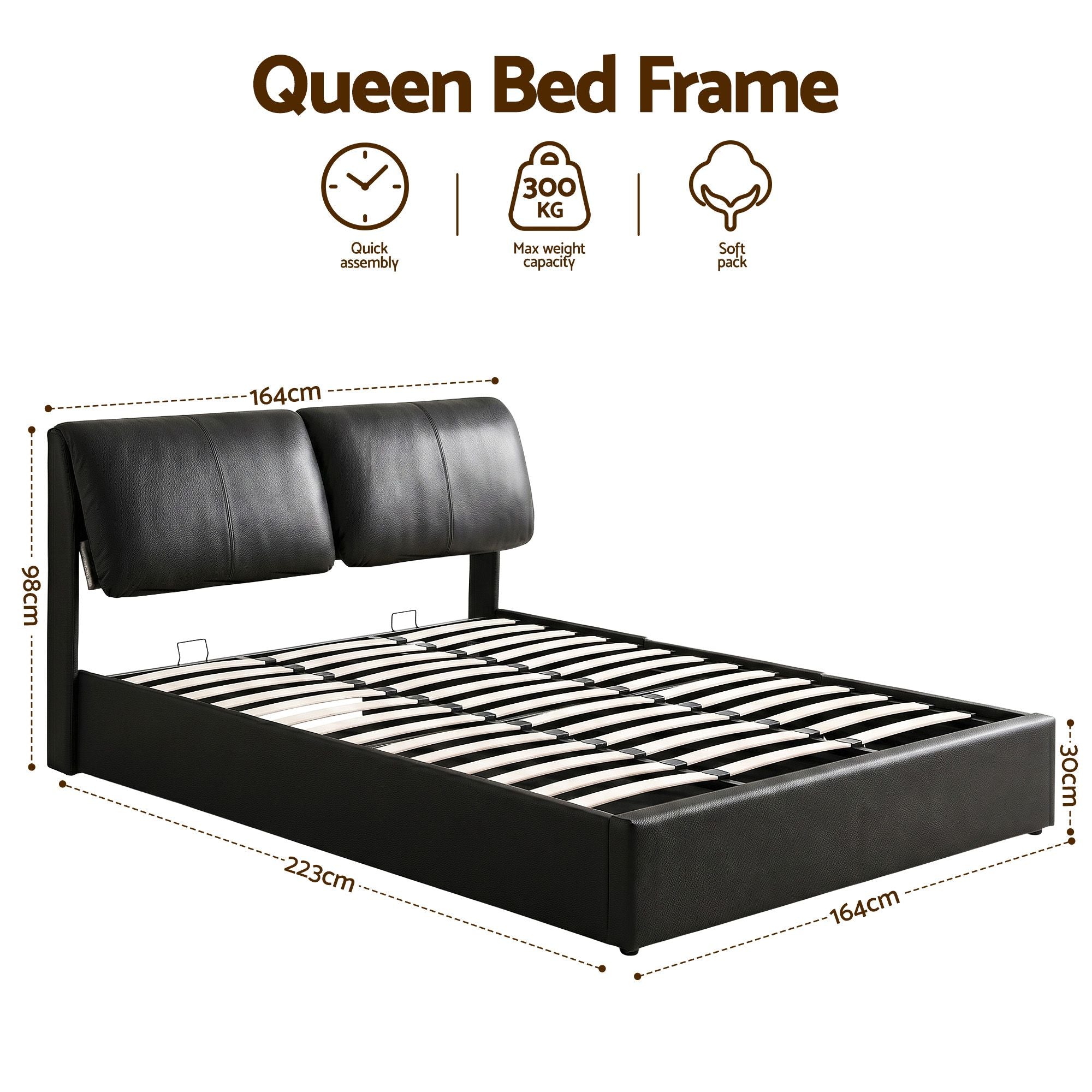 Queen Bed Frame Gas Lift Storage 3 Drawers Adjustable Headboard Platform Bed Black