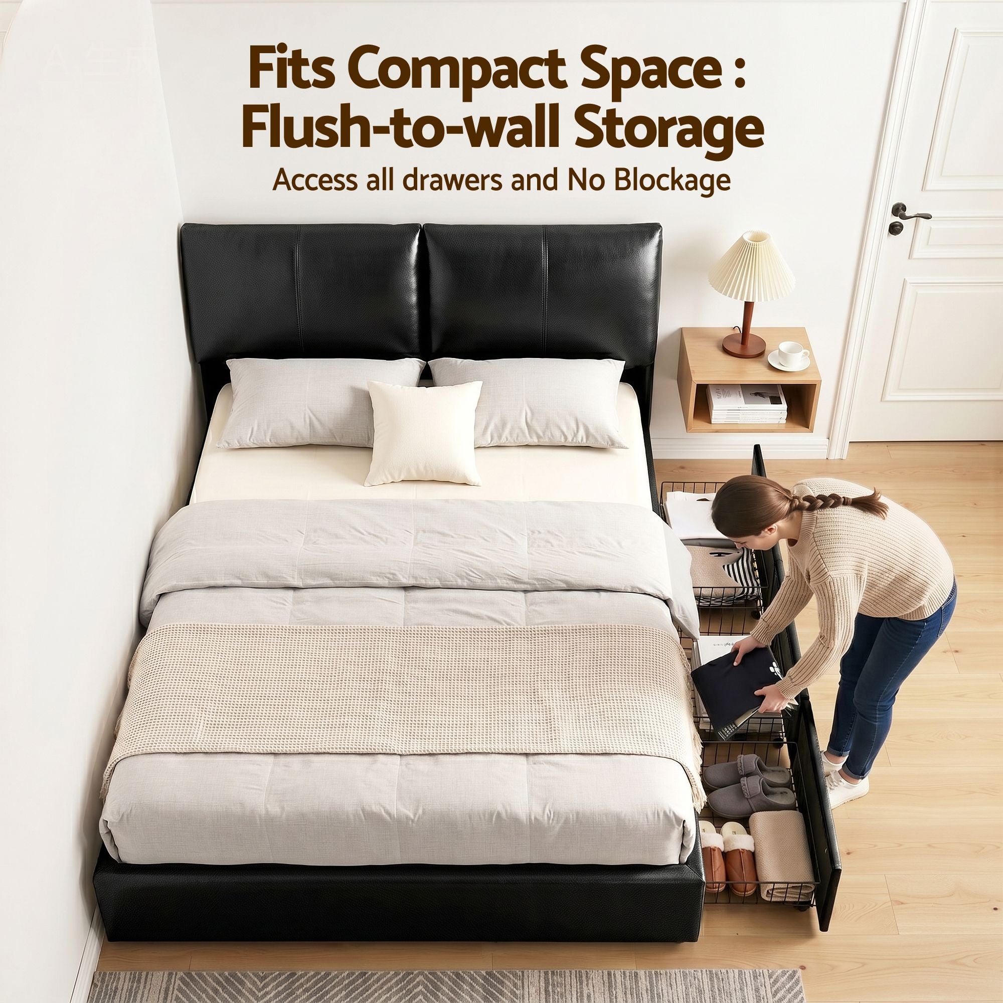Queen Bed Frame Gas Lift Storage 3 Drawers Adjustable Headboard Platform Bed Black
