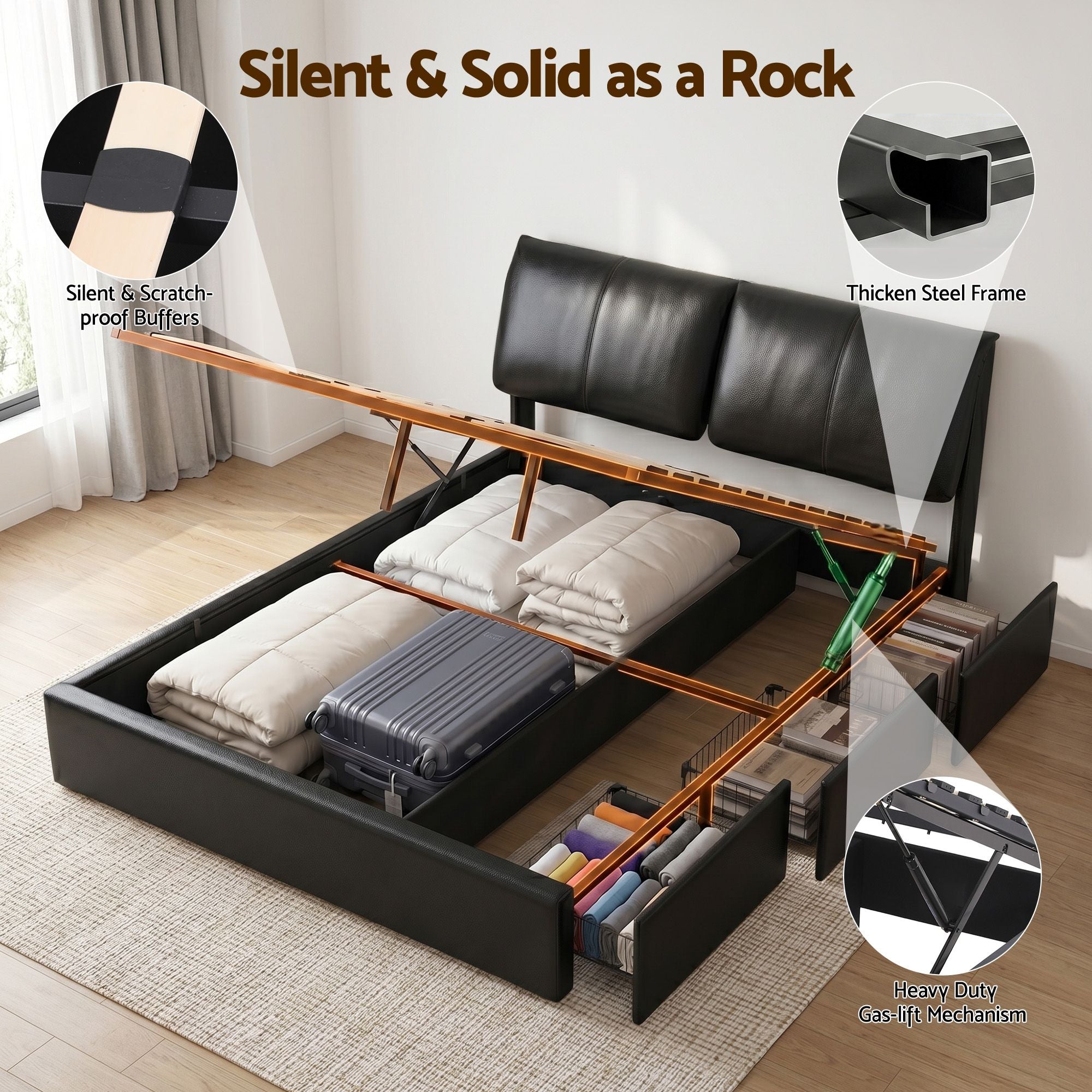 Queen Bed Frame Gas Lift Storage 3 Drawers Adjustable Headboard Platform Bed Black