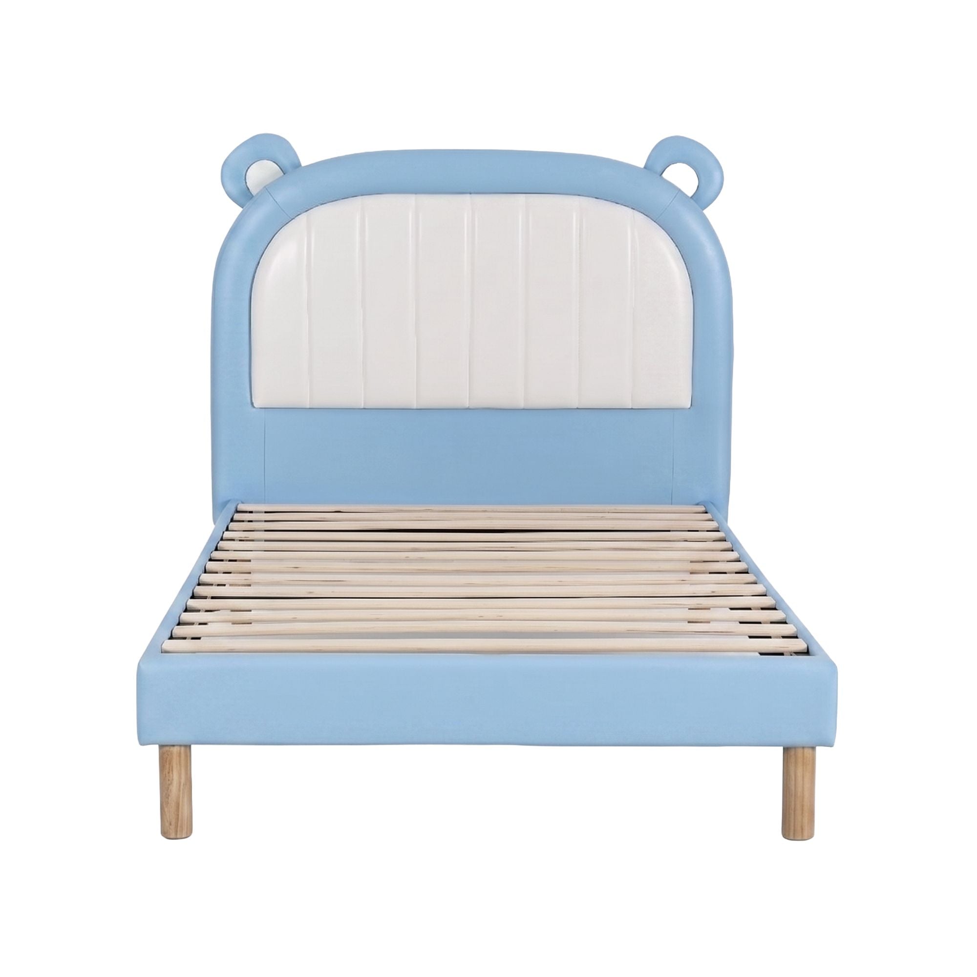 Kids King Single Bed Frame Upholstered Bear Headboard Waterproof Leather Boys Bed 180kg Capacity Blue and White