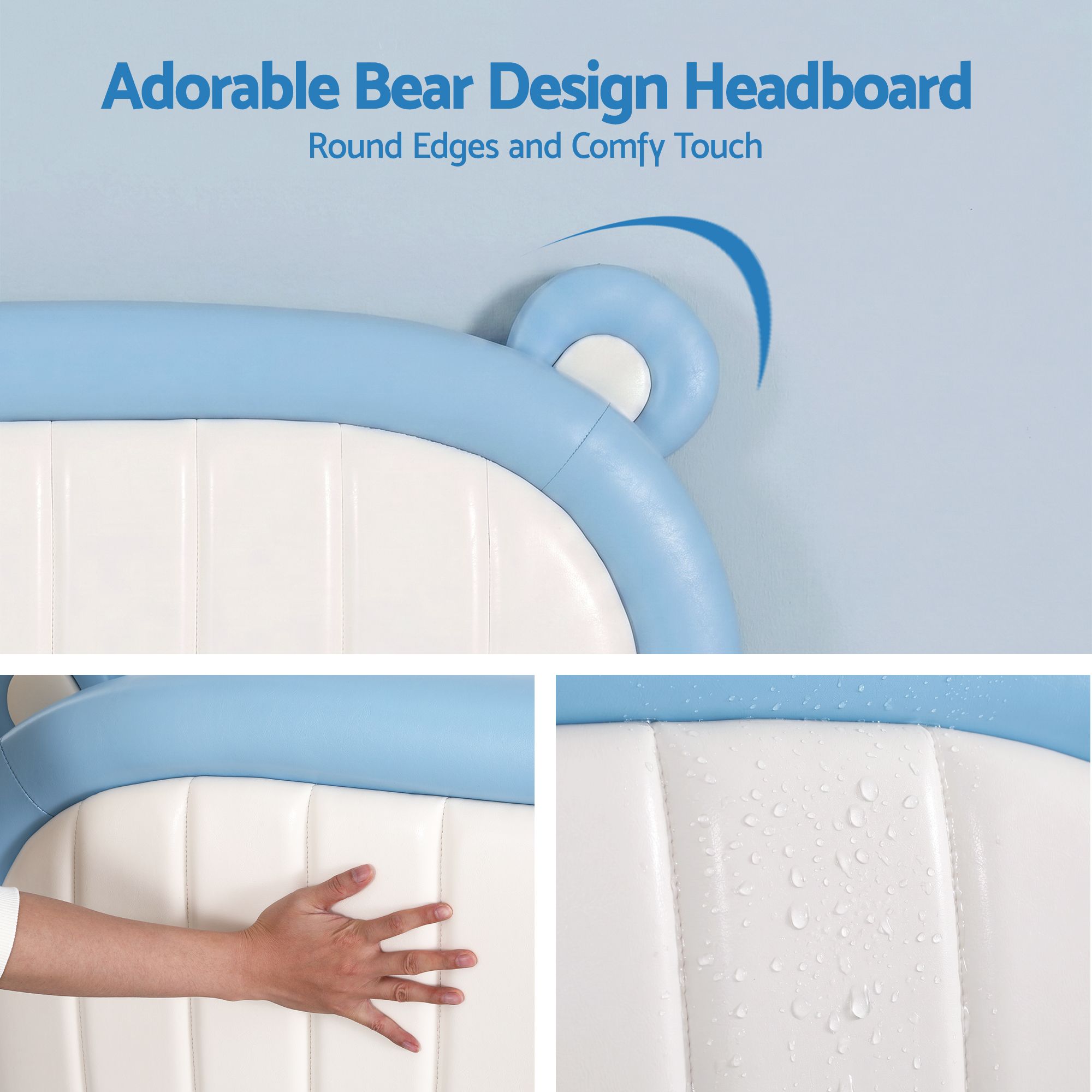 Kids King Single Bed Frame Upholstered Bear Headboard Waterproof Leather Boys Bed 180kg Capacity Blue and White