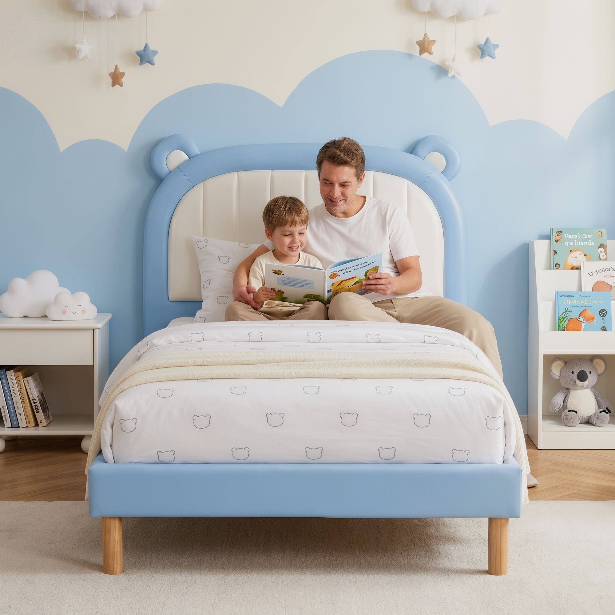 Kids King Single Bed Frame Upholstered Bear Headboard Waterproof Leather Boys Bed 180kg Capacity Blue and White