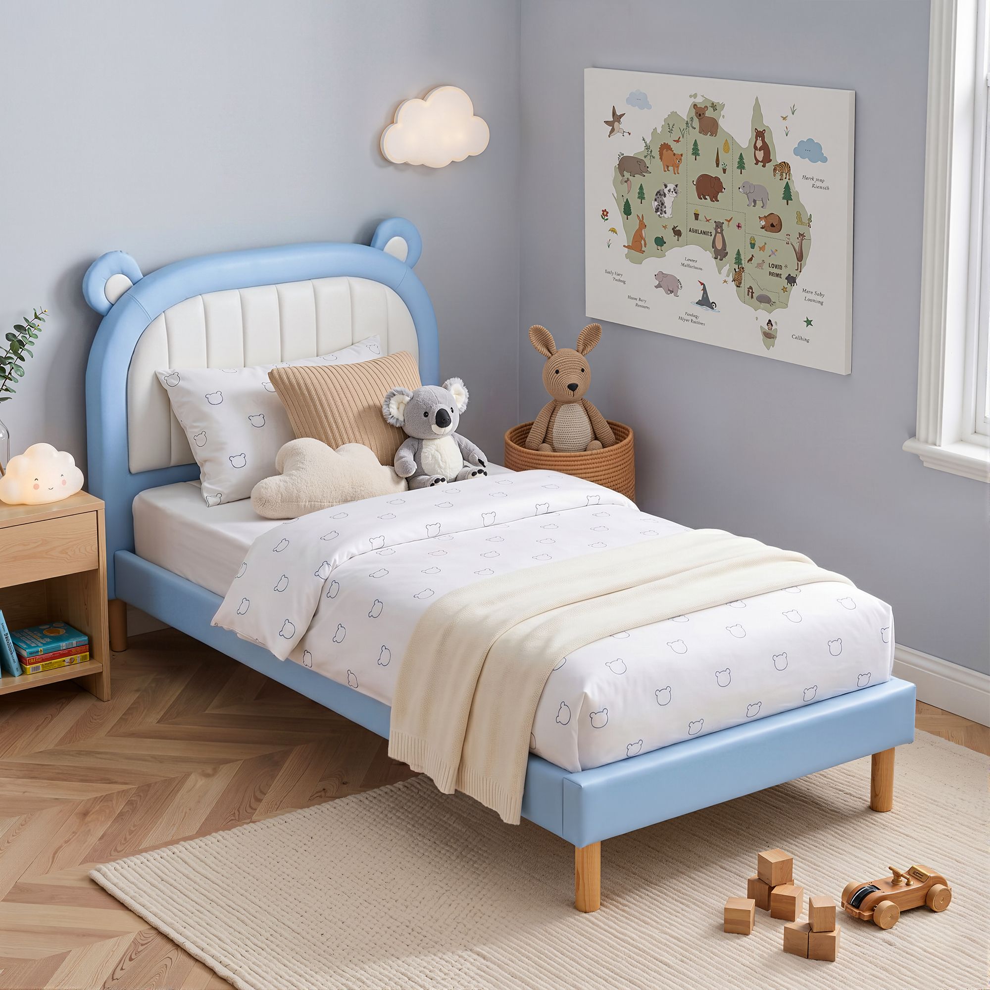 Kids King Single Bed Frame Upholstered Bear Headboard Waterproof Leather Boys Bed 180kg Capacity Blue and White
