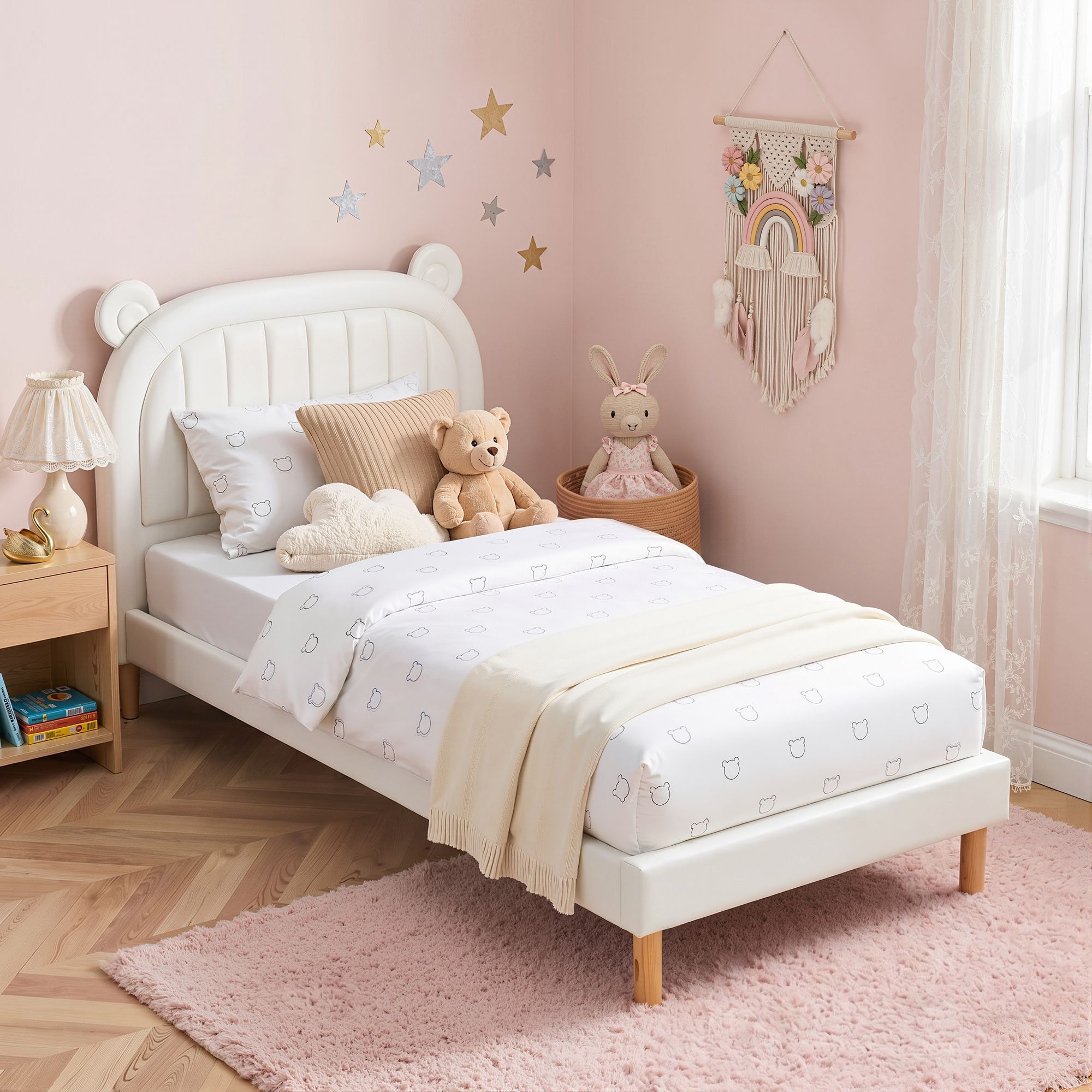 Kids King Single Bed Frame Bear Ears Headboard Upholstered Leather Platform Bed for Child